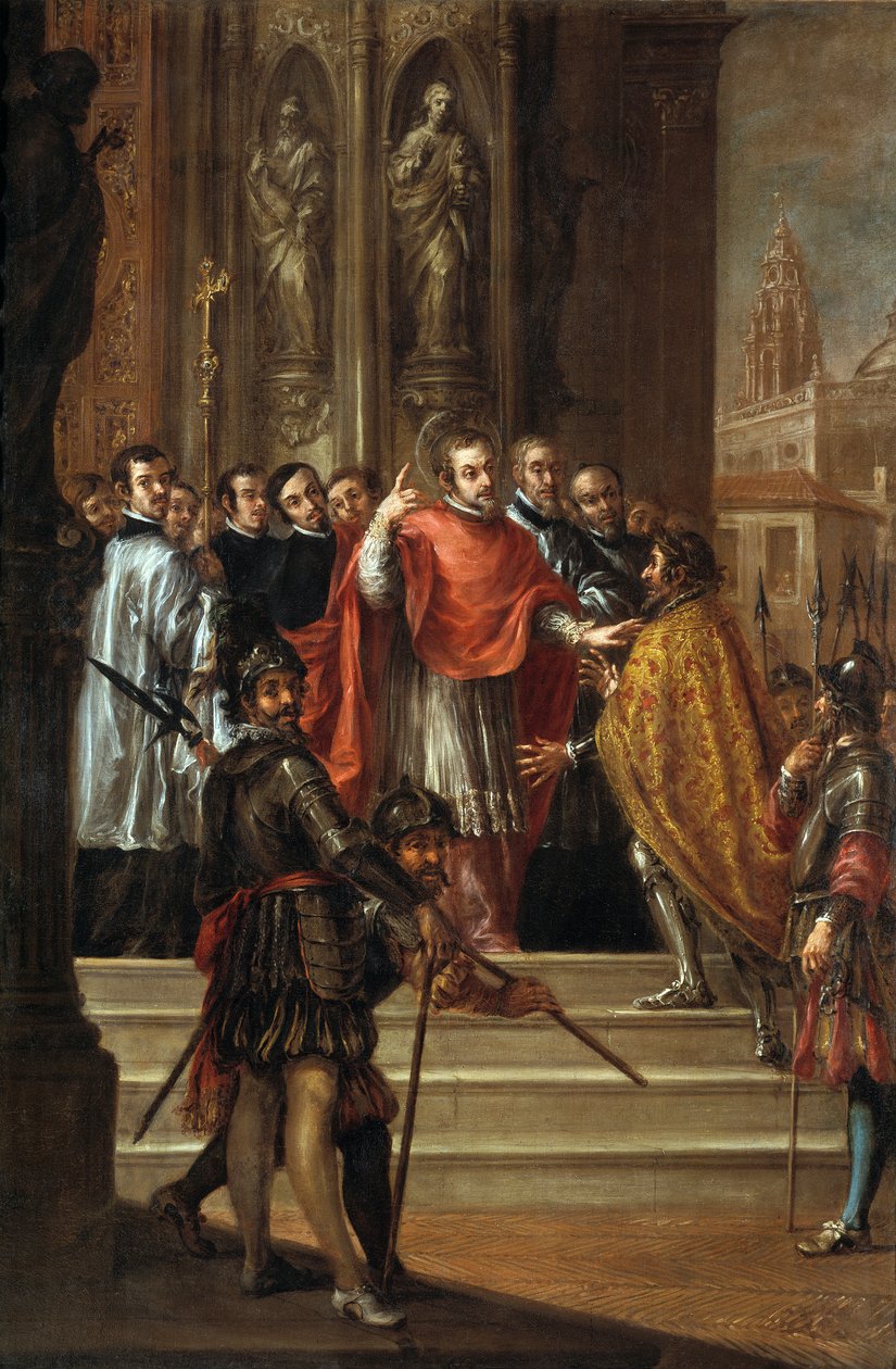 St. Ambrosius förnekar kejsar Theodosius inträdet i kyrkan, ca 1673 (olja på duk) av Juan de Valdes Leal