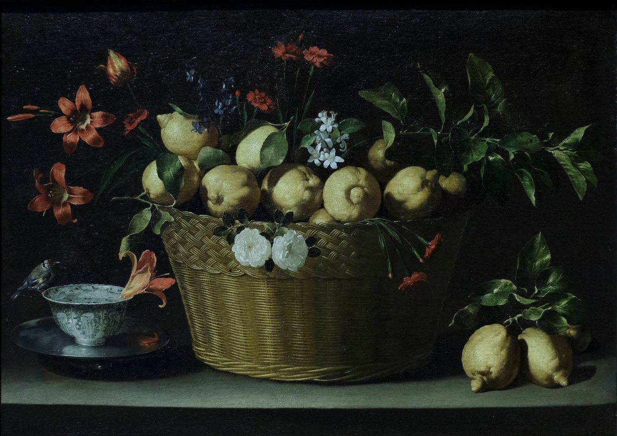 Stilleben med citroner i flätad korg, ca 1643-49 (olja på duk) av Juan de Zurbaran
