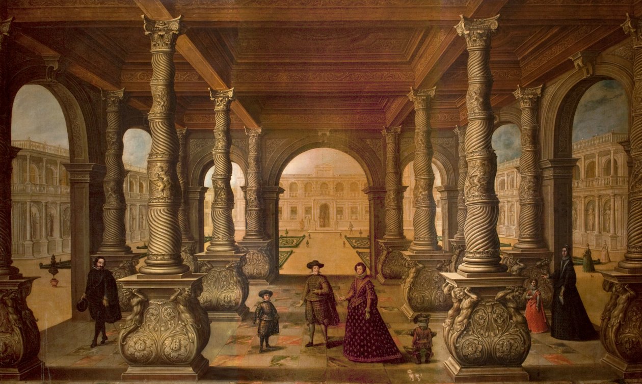 Filip IV och hans drottning i en pelargång, ca 1630 (olja på duk) av Juan de la Corte