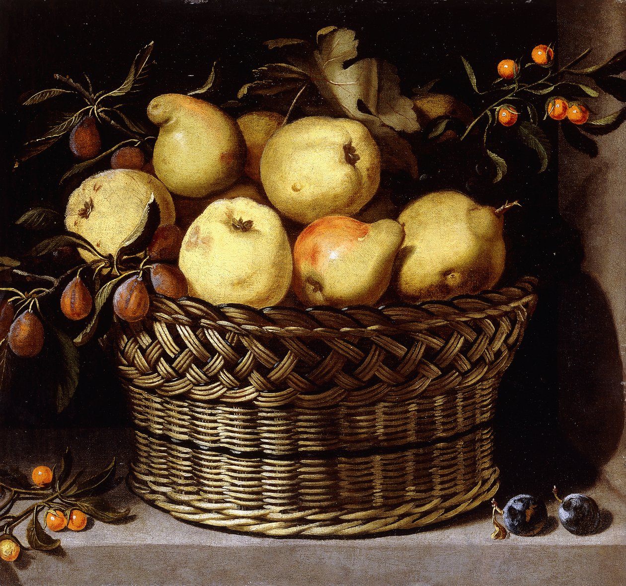 En flätad korg med frukt på en stenavsats, av Juan van der Hamen y Leon