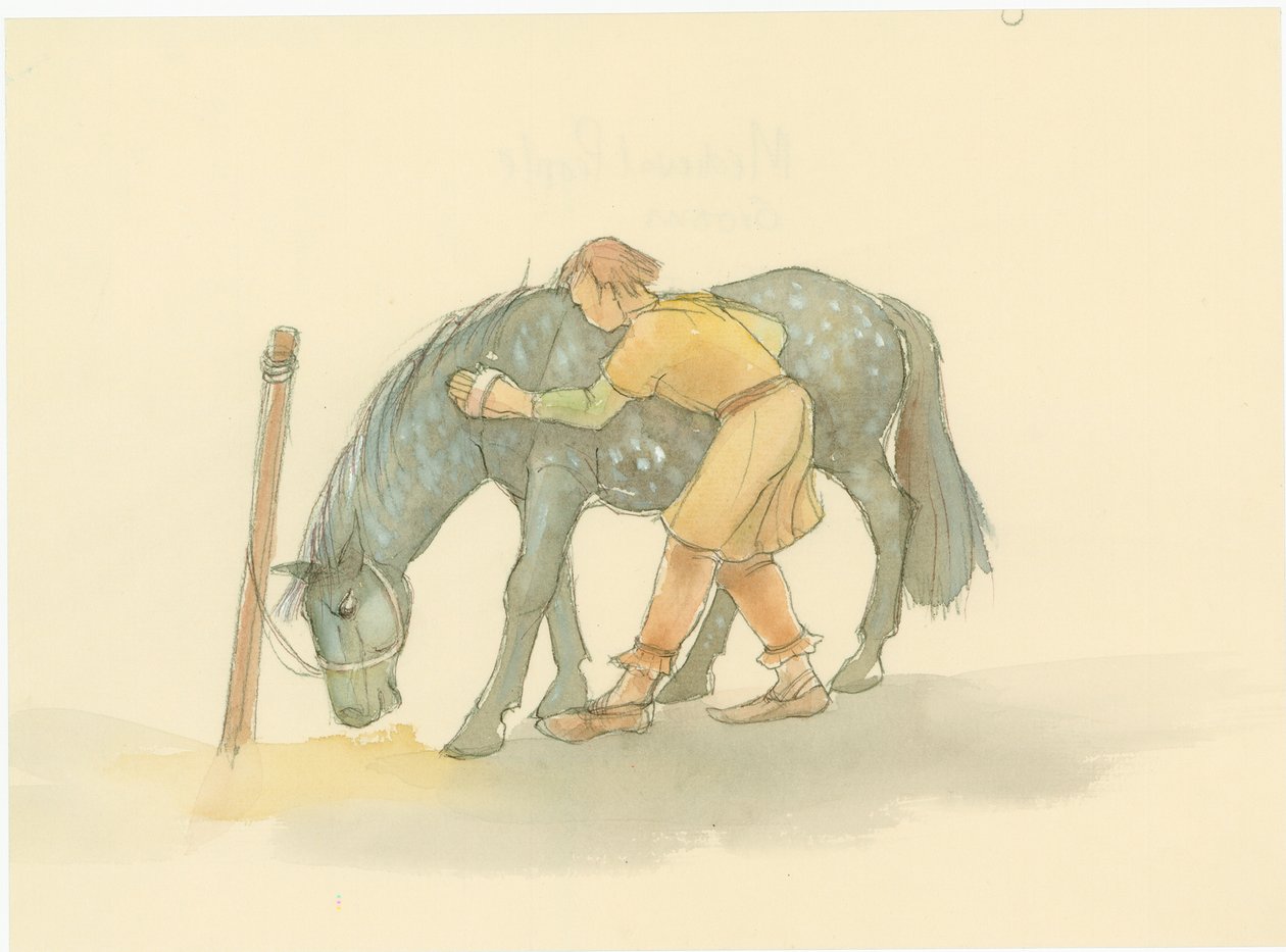 En medeltida brudgum som borstar en häst, 2004. av Judith Dobie