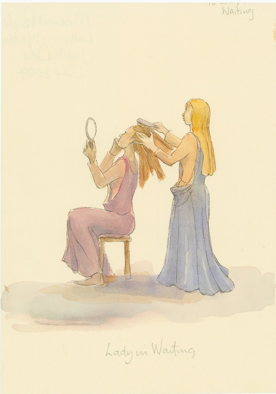 En medeltida dam i väntan, borstar håret på en dam, 2004. av Judith Dobie