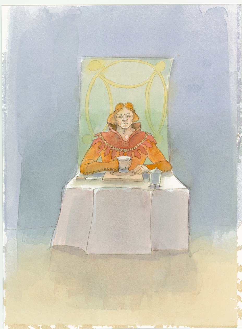 En medeltida herre satt vid ett bord, 2004. av Judith Dobie