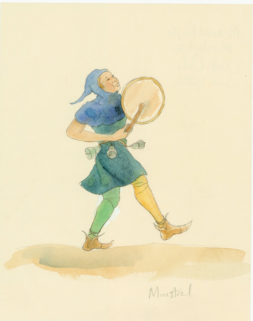 En medeltida minstrel som spelar ett slagverksinstrument, möjligen en tabor, 2004. av Judith Dobie