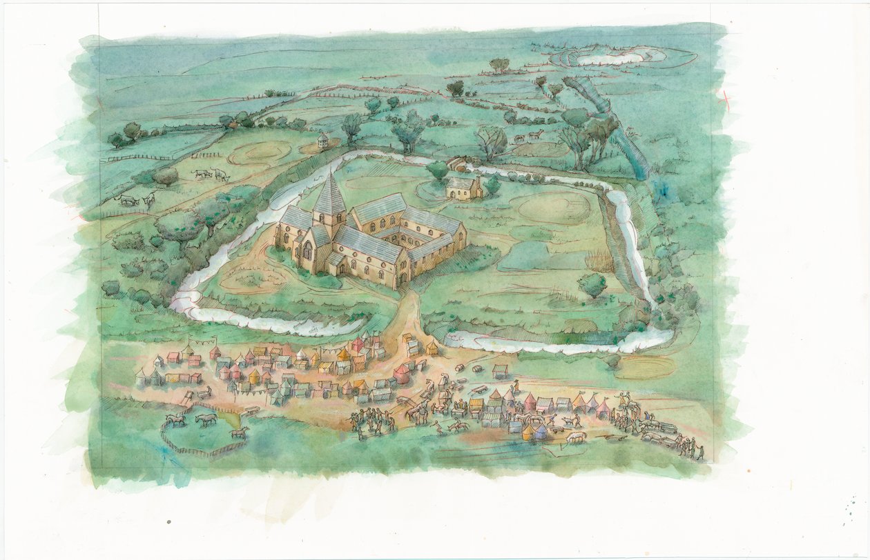 En rekonstruktionsmålning som visar en snedbild av Latton Priory som den kan ha sett ut i slutet av 1100-talet av Judith Dobie