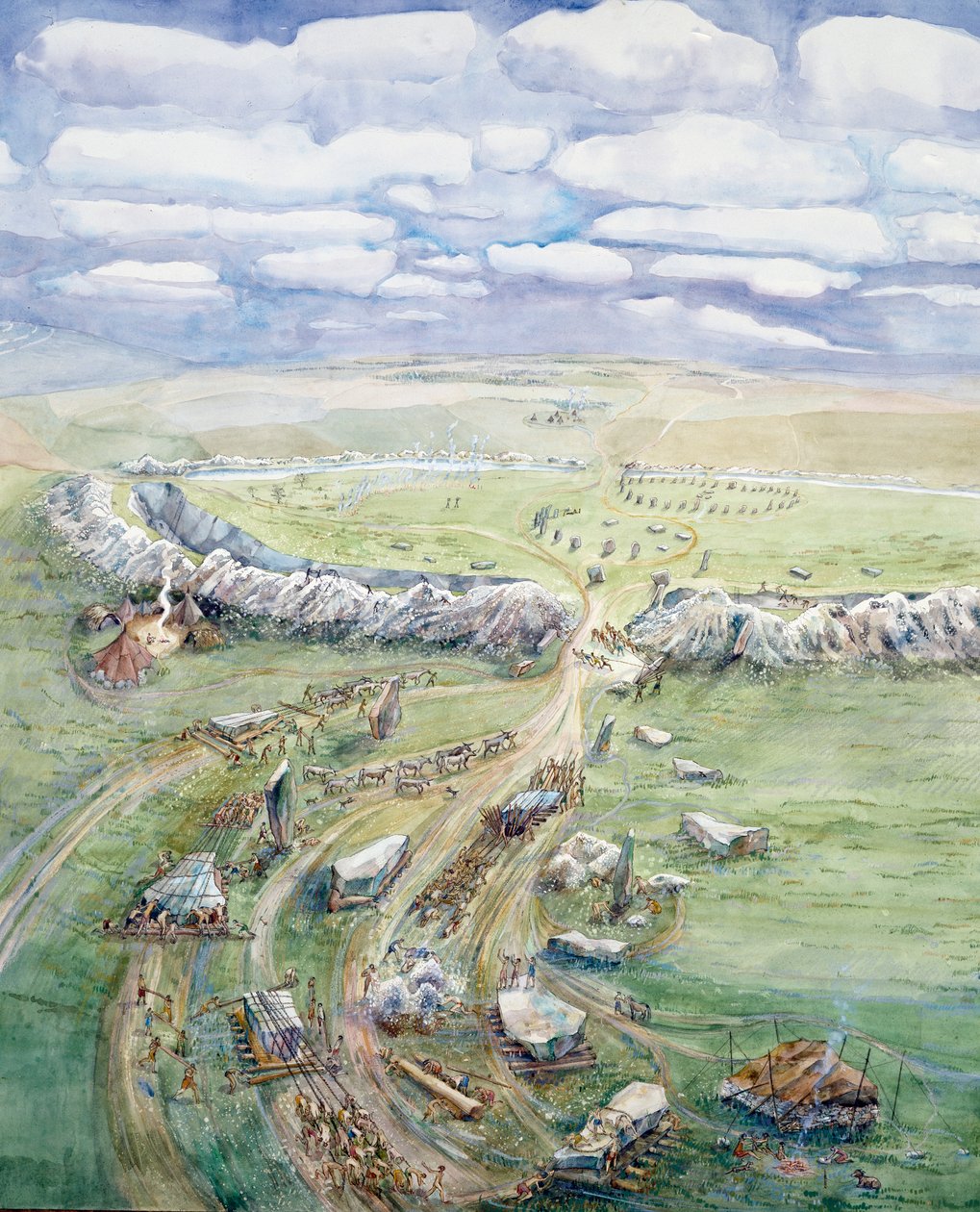 Avebury Henge under uppbyggnad (akvarell på papper) av Judith Dobie