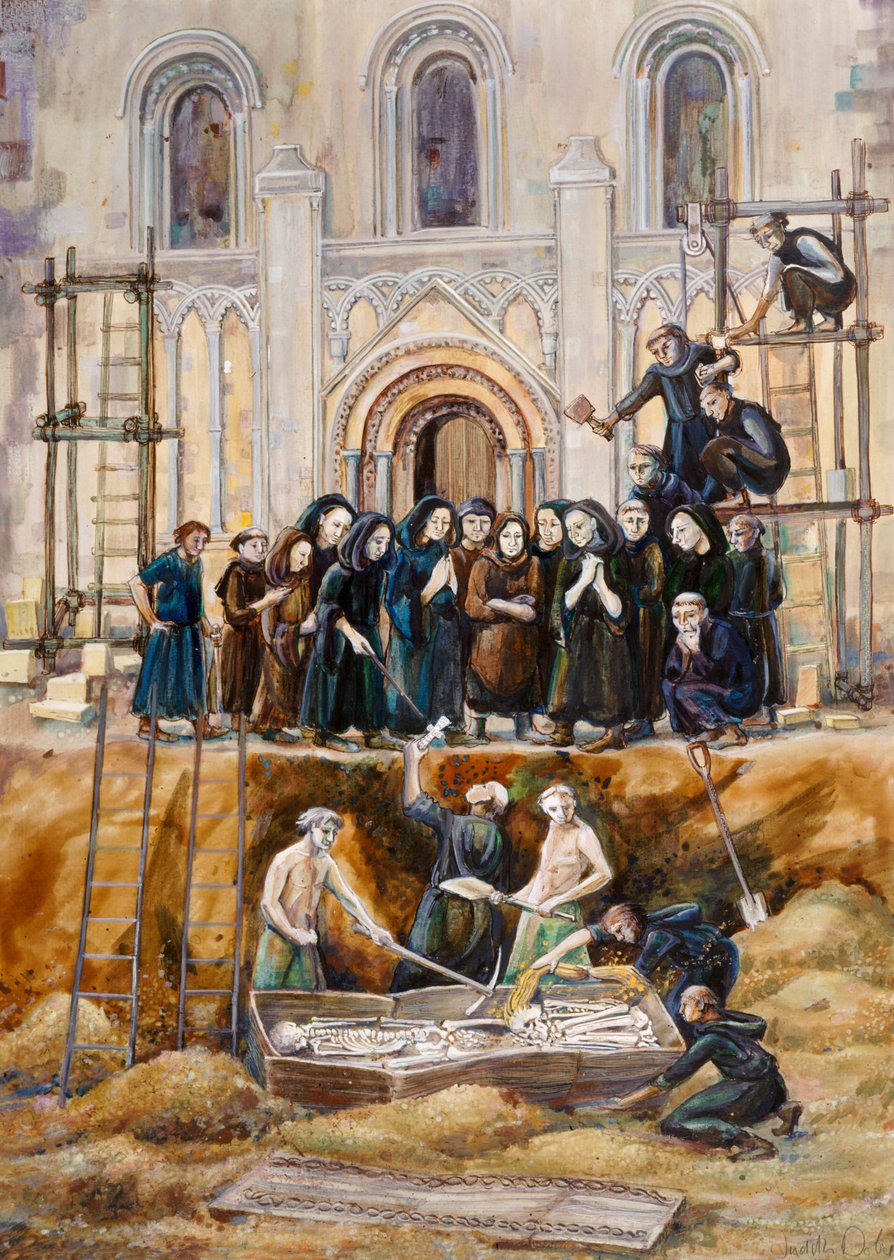 Exhumation av Arthur och Guinivere i Glastonbury Abbey, Somerset, 1193 2010 av Judith Dobie