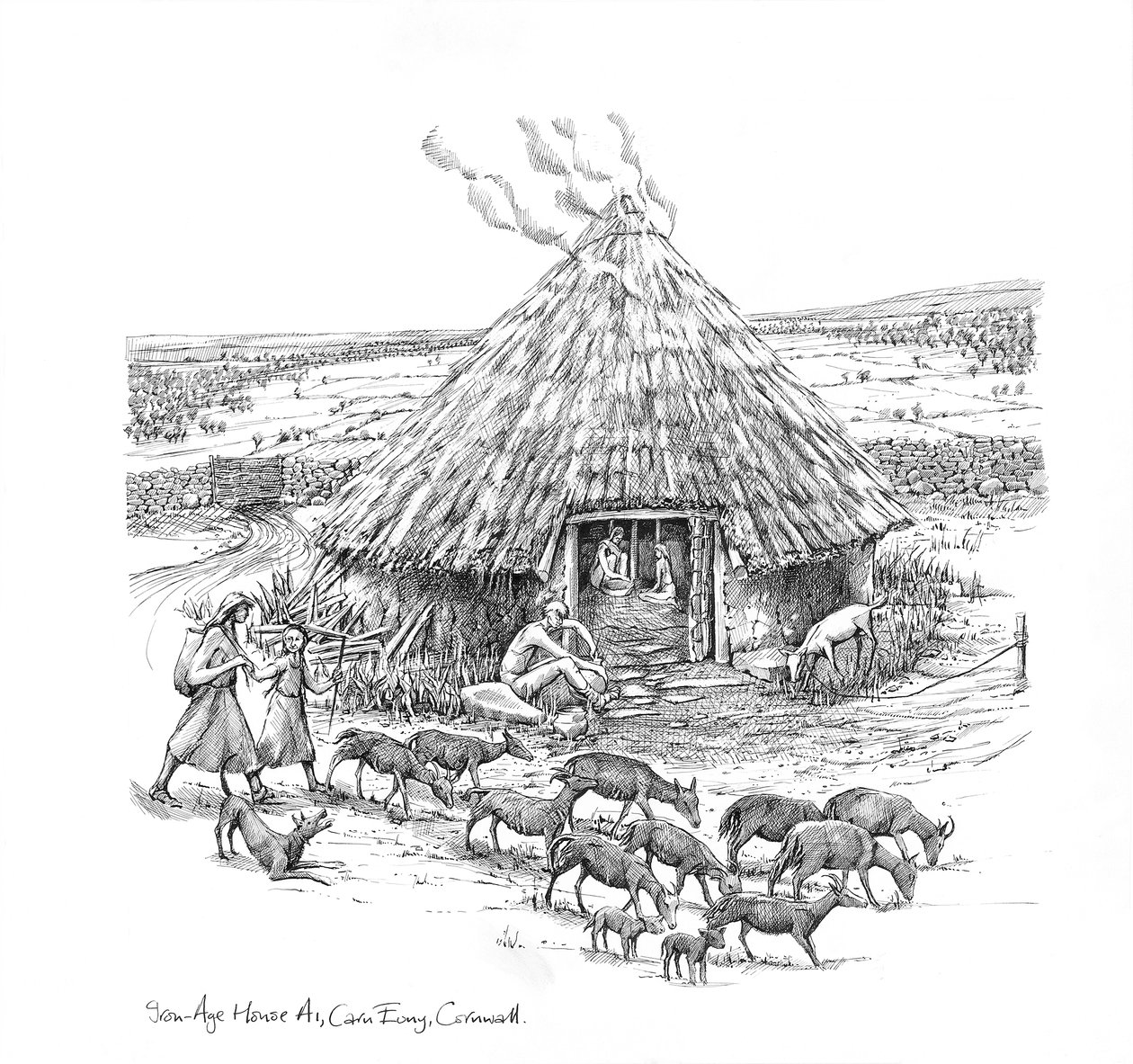 Bönder och en flock getter utanför Iron Age Roundhouse, c1990-2010 av Judith Dobie