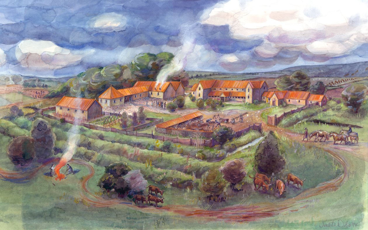 Gargrave Roman Villa, även känd som Kirk Sink Roman Villa (akvarell på papper) av Judith Dobie