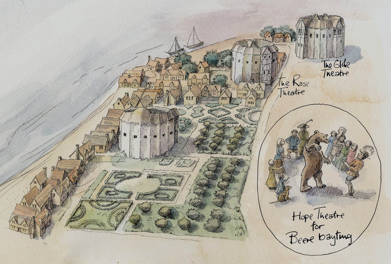 Hope Theatre, Rose Theatre och Globe Theatre, Southwark, London, c1647 2016. av Judith Dobie