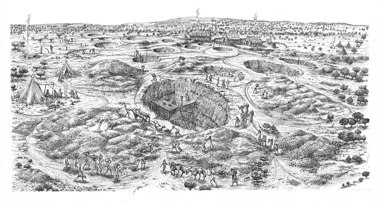Neolitisk flintbrytning vid Easton Down, Wiltshire (penna  bläck på papper) av Judith Dobie