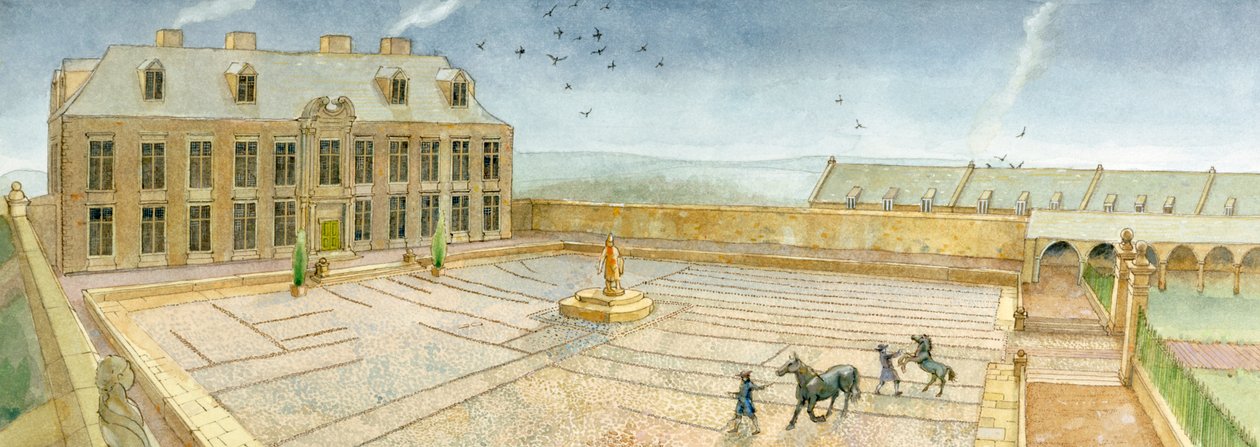 Bankettsalen och förgården i Cholmley Mansion på Whitby Abbey år 1700 (akvarell på papper) av Judith Dobie