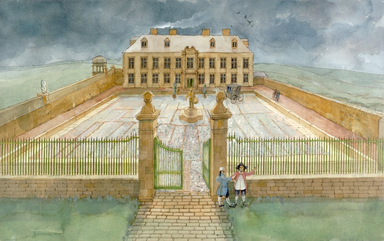 Bankettsalen och förgården i Cholmley Mansion på Whitby Abbey år 1700 (akvarell på papper) av Judith Dobie