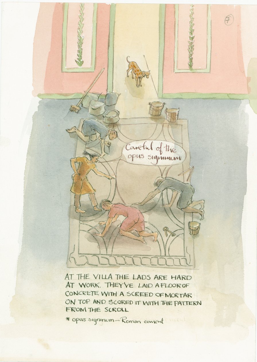Hantverkaren och hans arbetare lägger ett golv till Julias mosaik, 2003. av Judith Dobie