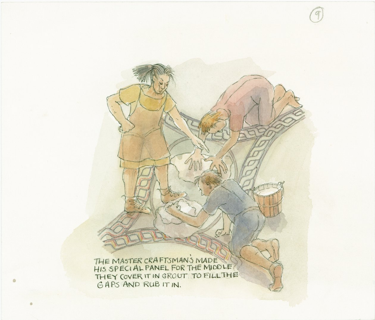 Två arbetare som fogar en golvpanel tillverkad och övervakad av hantverkaren, 2003. av Judith Dobie