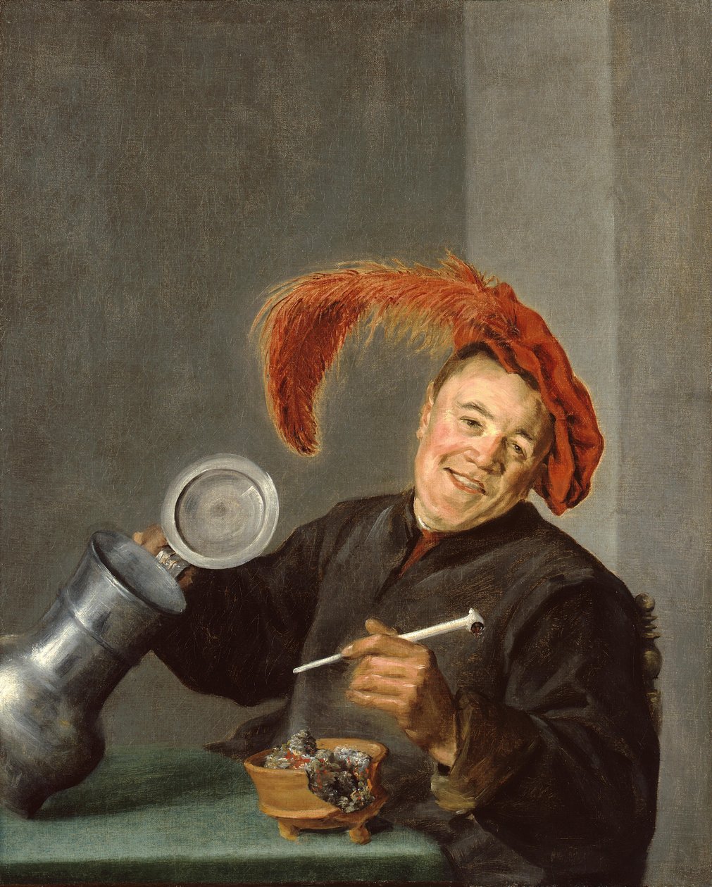 Glad man håller i en tennkanna och en pipa av Judith Leyster
