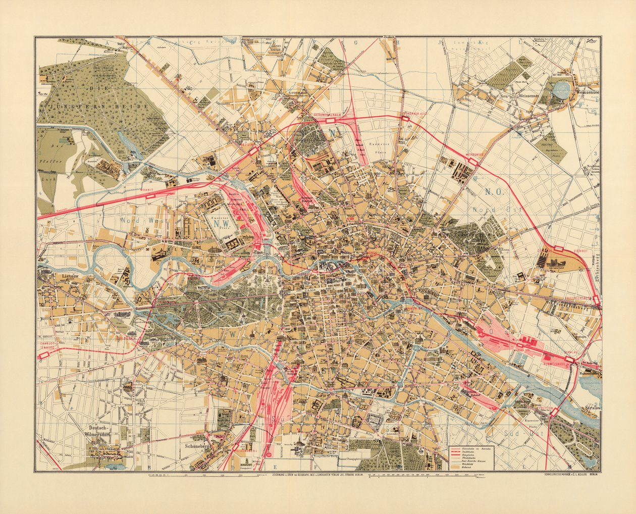 Karta över Berlin, tryckt av C.L. Keller, Berlin, 1890 av Jul. Straube