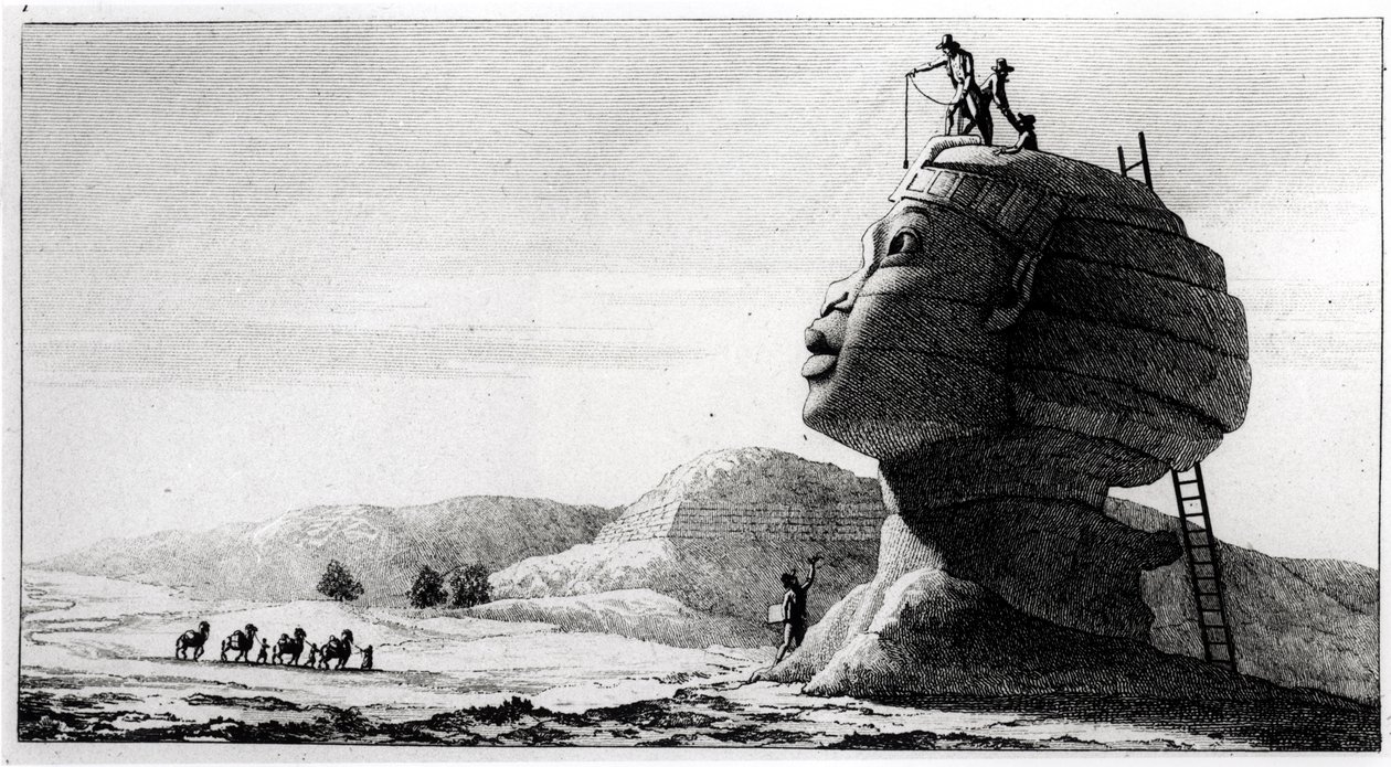 Fransmännen som mäter sfinxen, från Voyage en Egypte av Dominique Vivant Denon (1747-1825), graverad av Deparc, 1802 (bw foto) av Jules Alfred Vincent Rigo