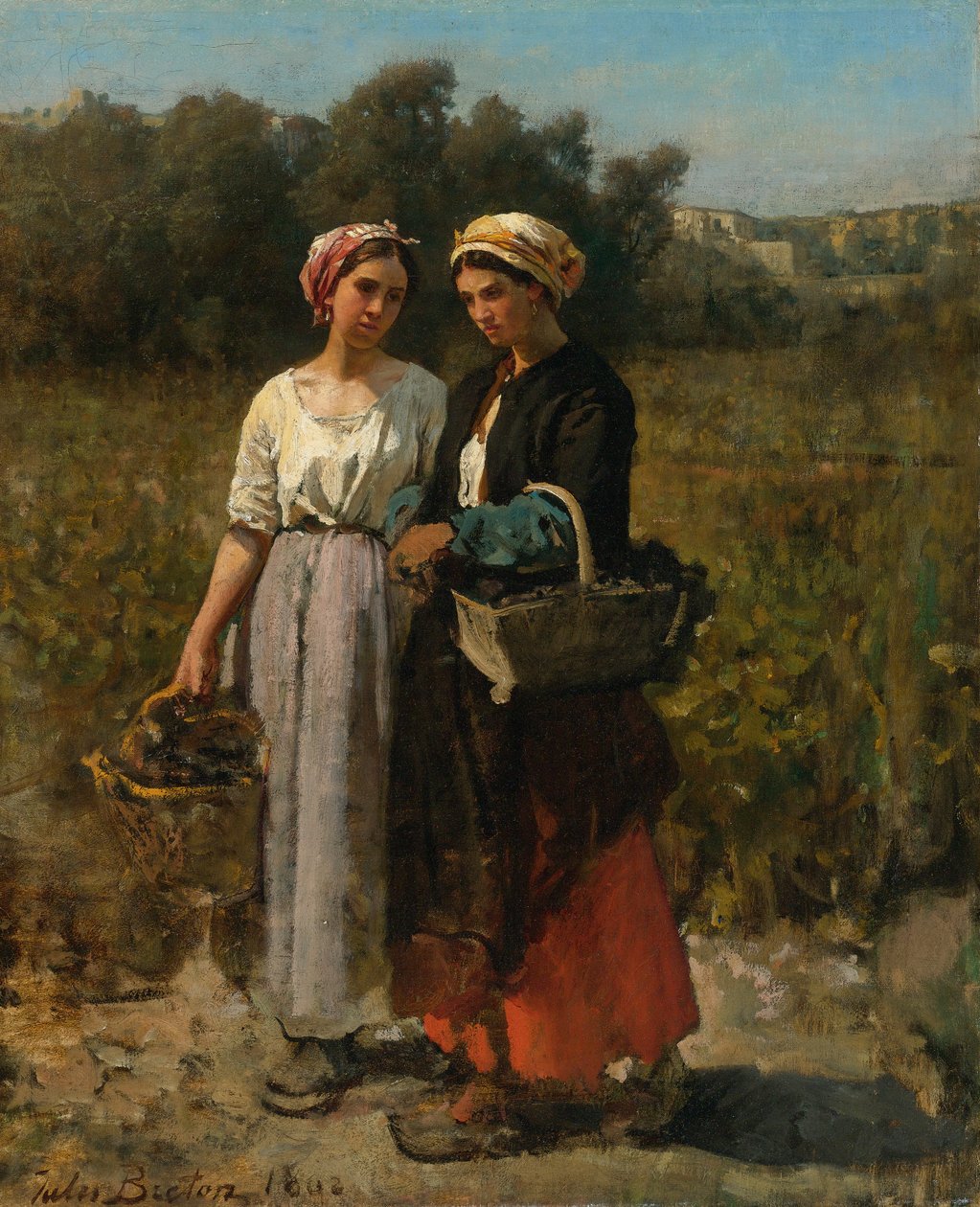 Två unga kvinnor som skördar druvorna av Jules Breton