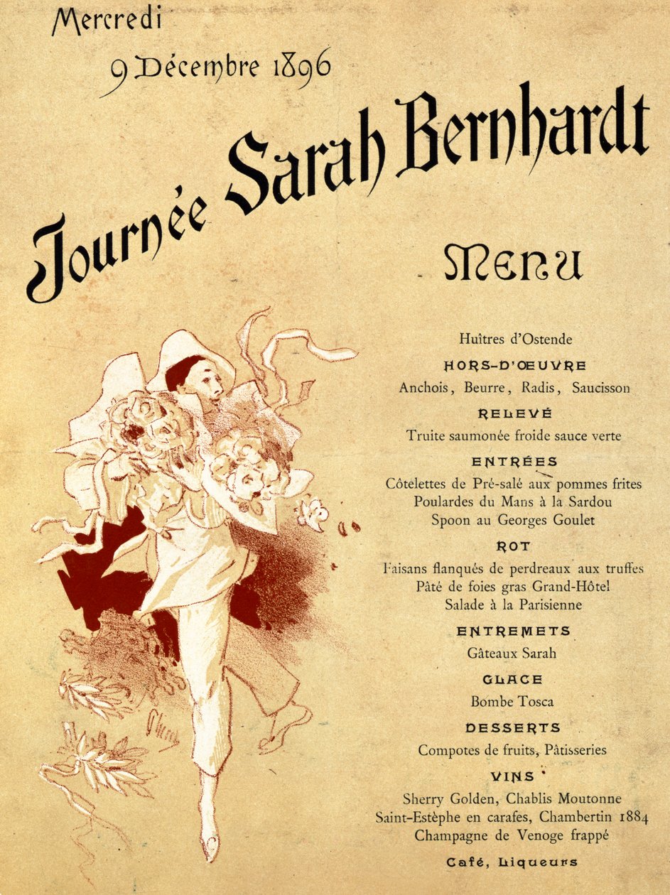 Onsdagen den 9 december 1896, Journee Sarah Bernhardt, Menykort, 1896 (se även 245010) av Jules Cheret