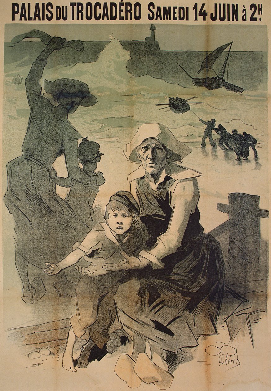 Affisch som annonserar en välgörenhetsgala till förmån för familjerna till skeppsbrutna sjömän vid Palais du Trocadero, 14 juni 1890 av Jules Cheret