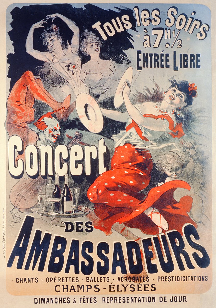 Affisch med reklam för Concert des Ambassadeurs, 1884 av Jules Cheret