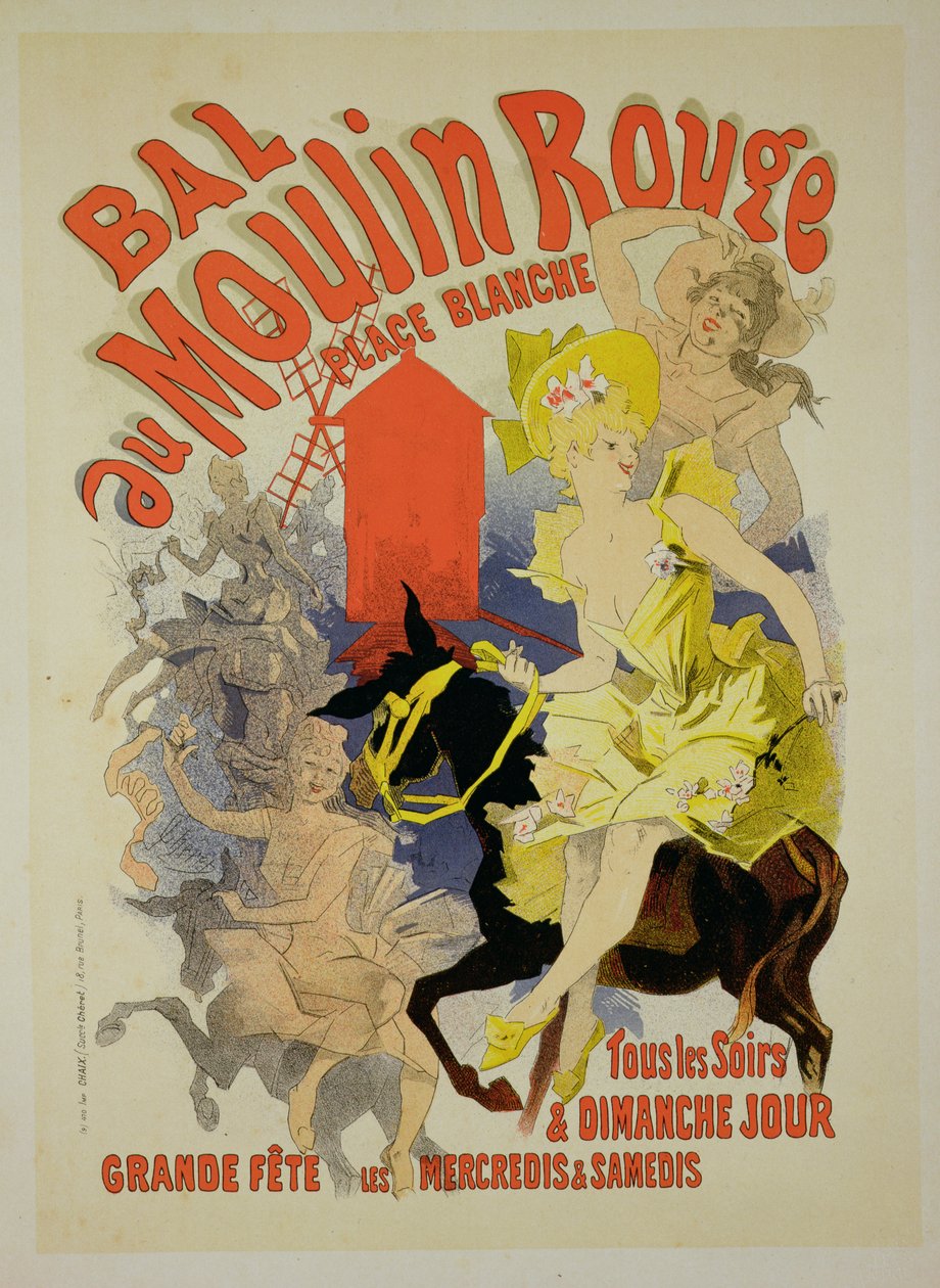 Reproduktion av en affisch som annonserar "Bal au Moulin Rouge", 1889 av Jules Cheret