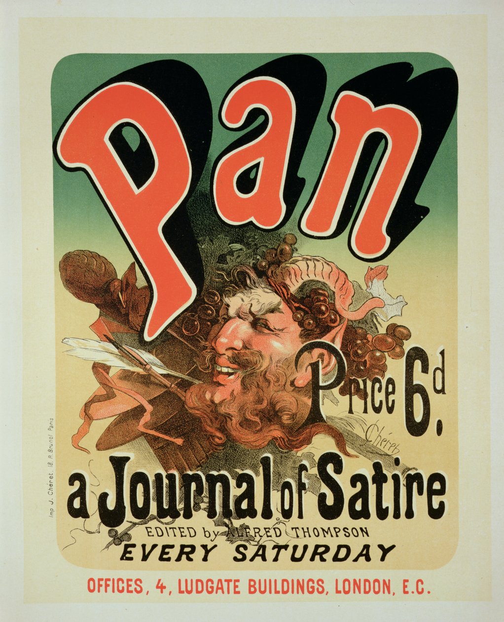 Reproduktion av en affisch som annonserar "Pan", en tidskrift för satir, redigerad av Alfred Thompson av Jules Cheret