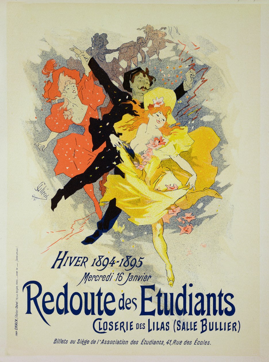 Reproduktion av en affisch som annonserar en "studentgalakväll", i Bullier Room, Closerie des Lilas, 1894 av Jules Cheret