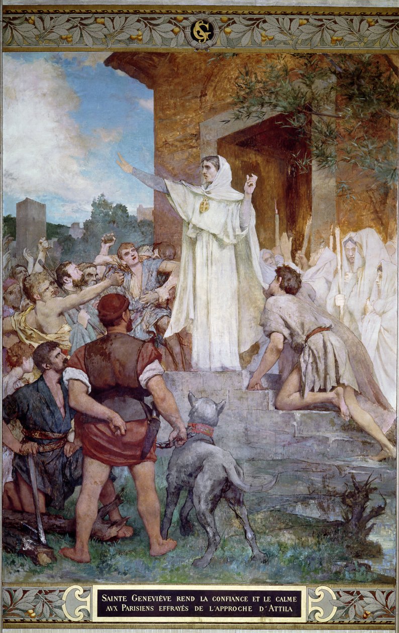 St. Genevieve lugnar parisarna när man närmar sig Attila (ca 406-453) av Jules Elie Delaunay