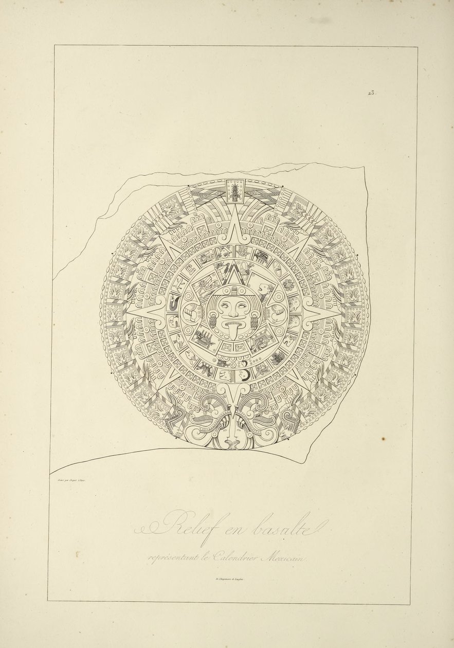 Relief i basalt som representerar en mexikansk kalender, illustration från Views of the Cordilleras and Monuments of the Indigenous Peoples of America av Alexander von Humboldt och Aime Bonpland, 1813 av Jules Germain Cloquet