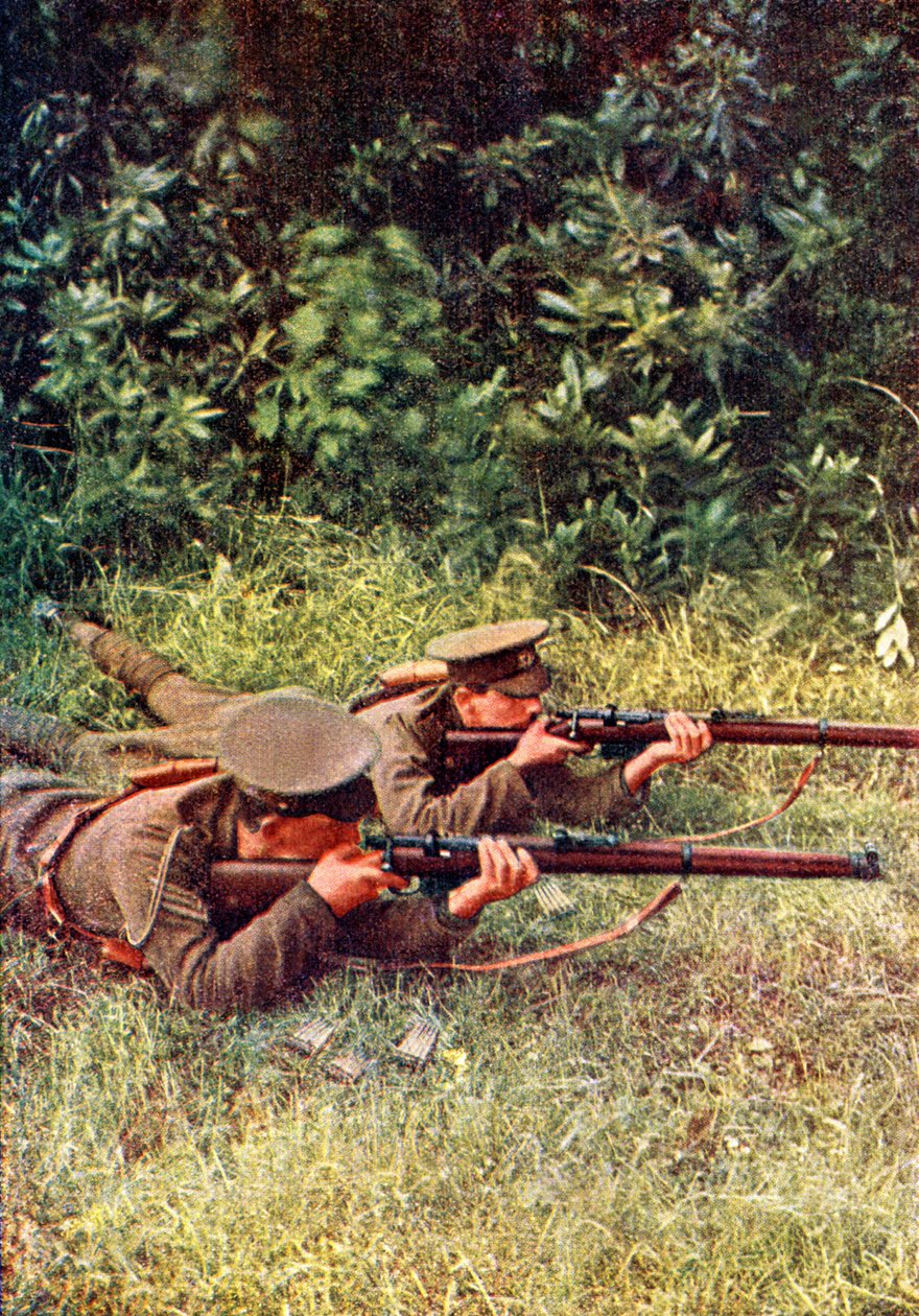 Brittiska skyttar i aktion mot bayerska drakar under slaget vid Marne öster om Paris, september 1914 (autokrom) av Jules Gervais Courtellemont
