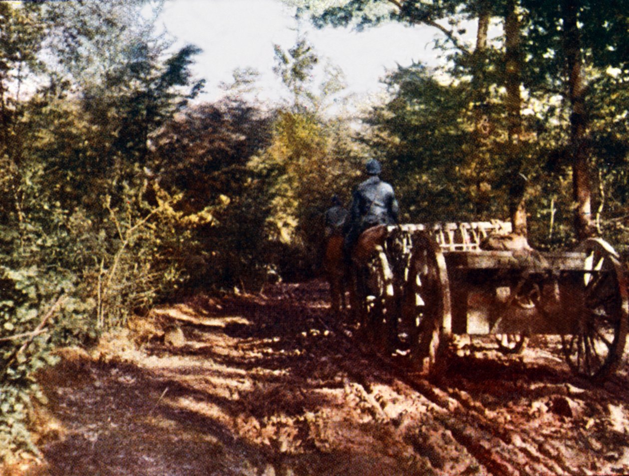 En fransk hästdragen vagn med en 75 mm pistol, Verdun, 1916 (autokrom) av Jules Gervais Courtellemont