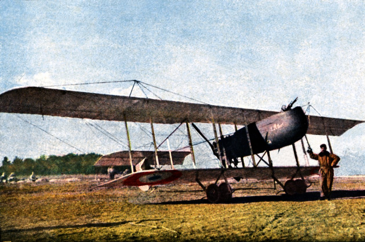 En pilot och en belgisk Farman F.40 nr. 10 (kallad Kodak), som tjänstgjorde som ett spaningsflygplan, Verdun, september 1916 (autokrom) av Jules Gervais Courtellemont