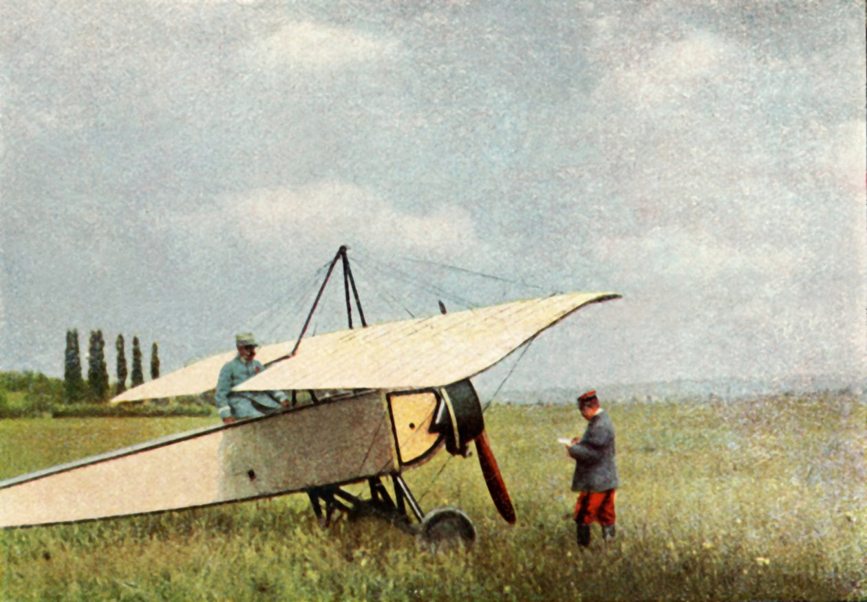 Ett plan av Morane-Saulnier typ G, som kunde utrustas med en 7,9 mm Hotchkiss-maskinkanon, september 1914 (autokrom) av Jules Gervais Courtellemont