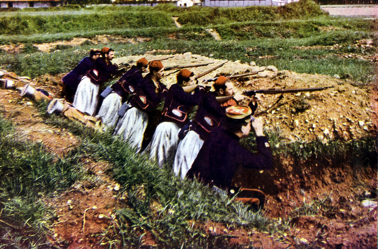 Zouave infanteritrupper från den franska armén vid Barcy under slaget vid Marne öster om Paris, september 1914 (autokrom) av Jules Gervais Courtellemont