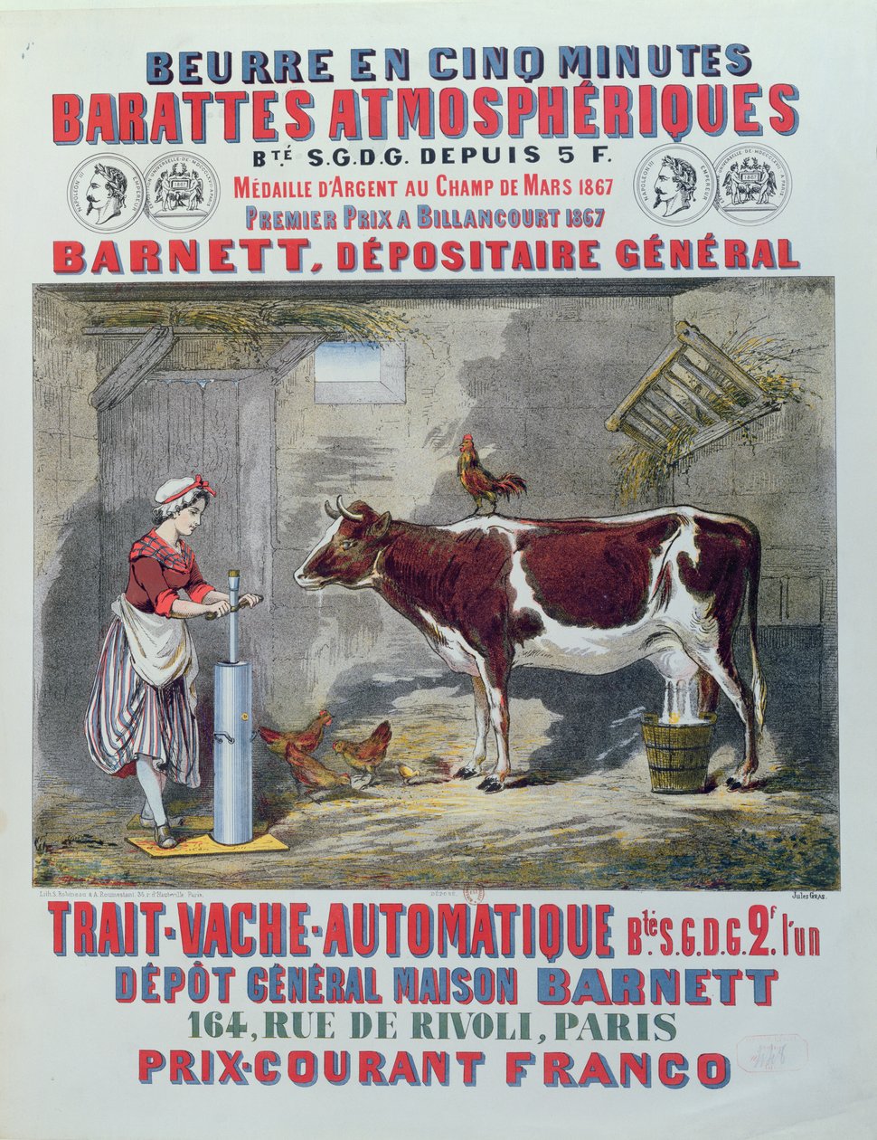 Reklam för atmosfärisk kittel och automatisk mjölkmaskin, från Maison Barnett, Paris, ca 1867. av Jules Gras