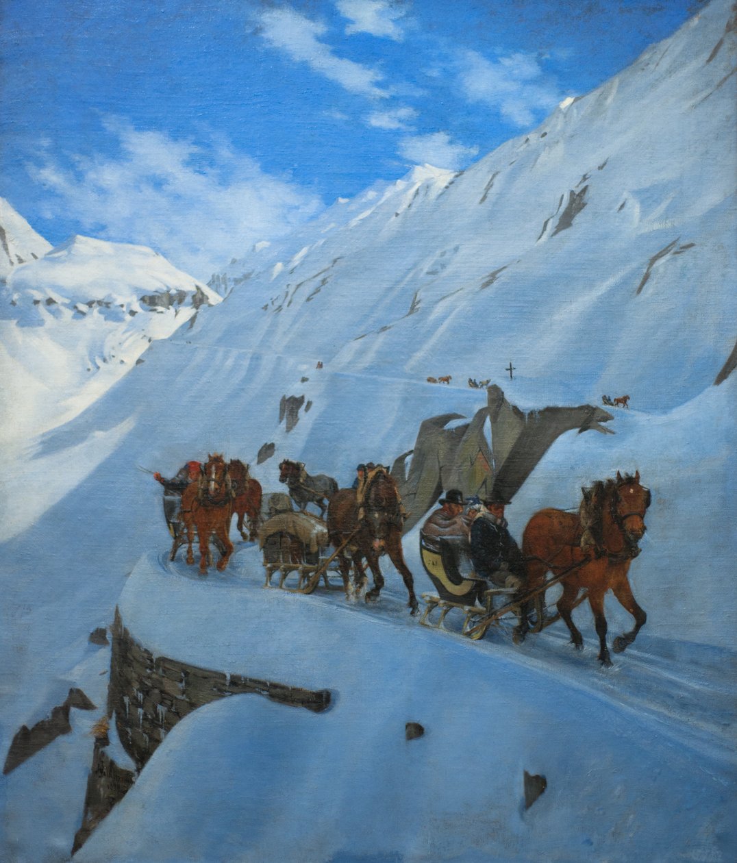 Postkonvoj i Gotthard på vintern av Jules Jacques Jacot Guillarmod