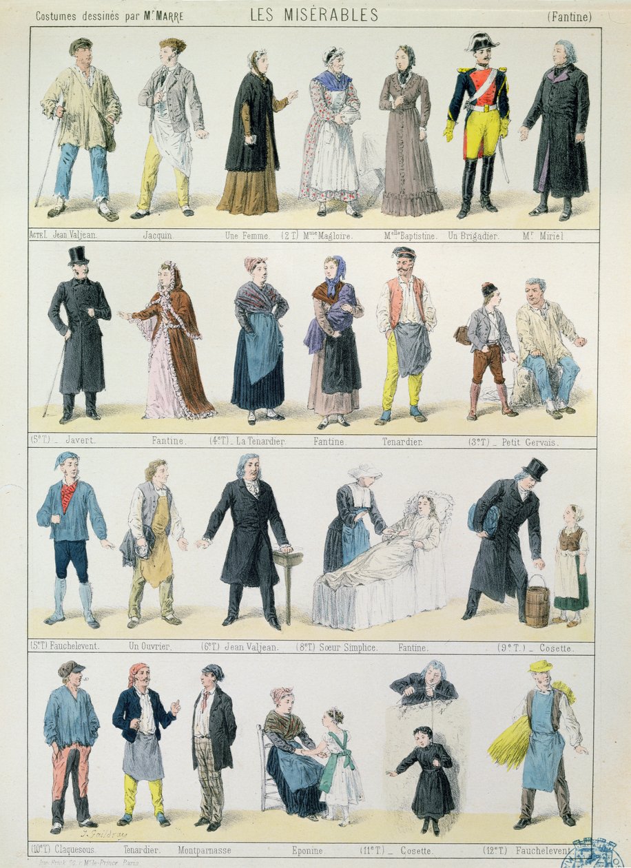 Kostymritningar för en bearbetning av Les Miserables av Victor Hugo (1802-85) för teater, 1878 av Jules Marre
