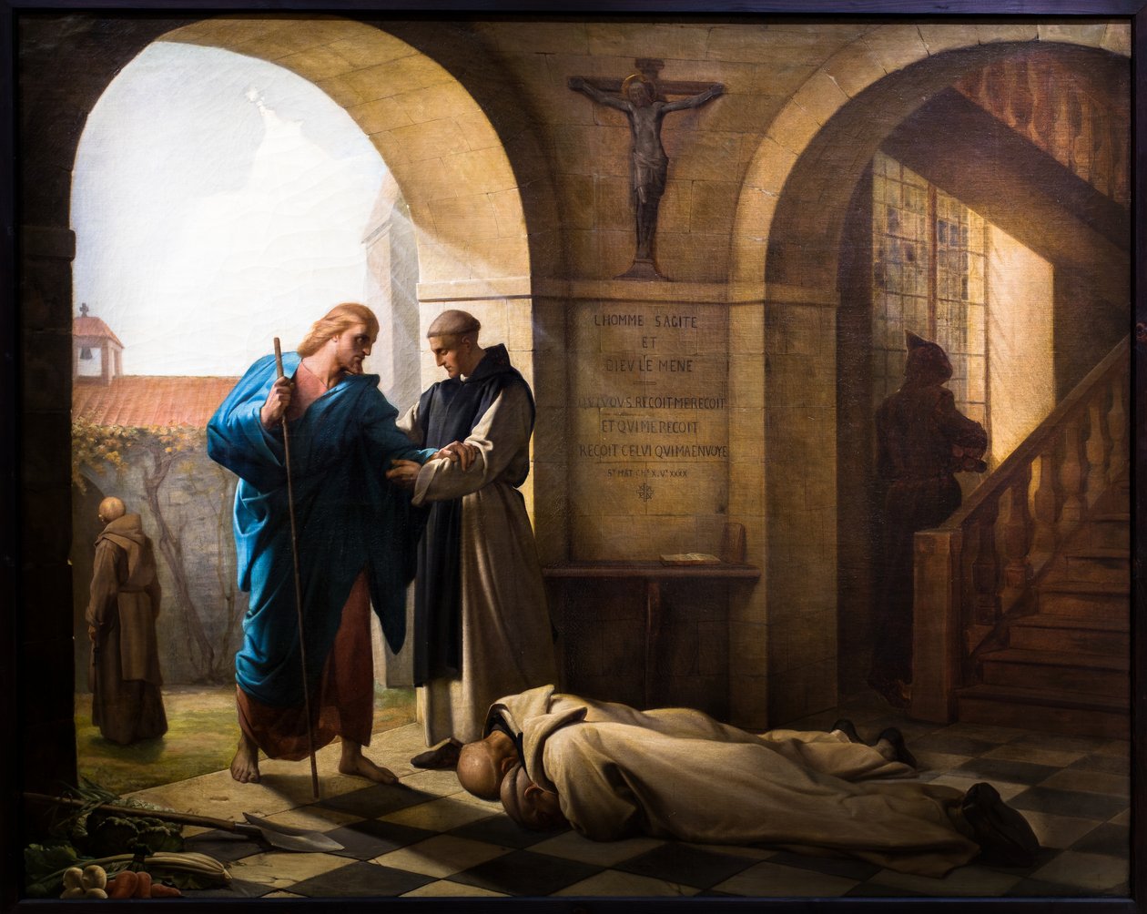 Mottagande av en främling bland trappisterna av Jules Joseph Dauban