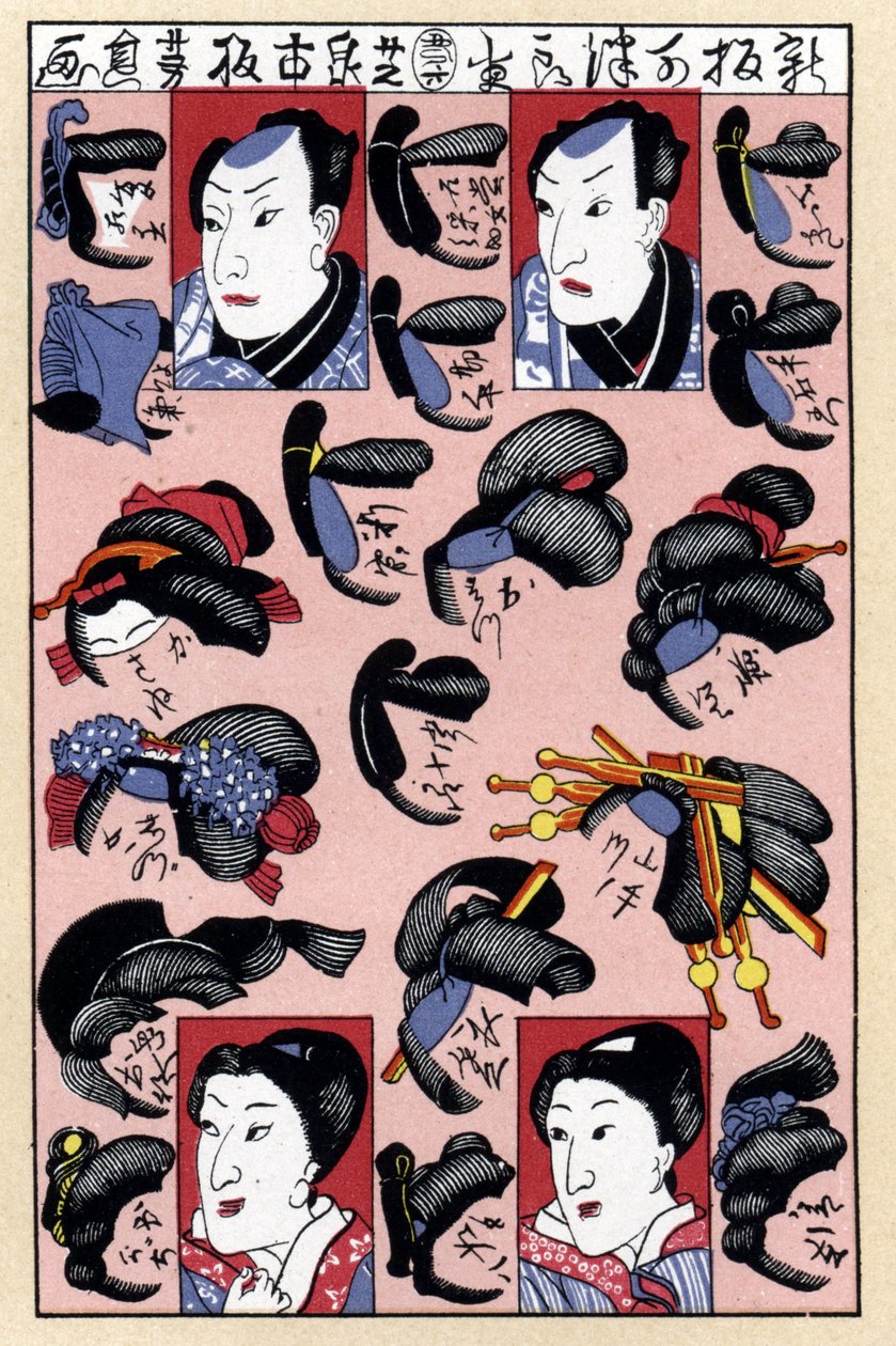 En liknelse av en japansk modegravyr som visar manliga och kvinnliga frisyrer från Edo-perioden av Jules (after) Cheret