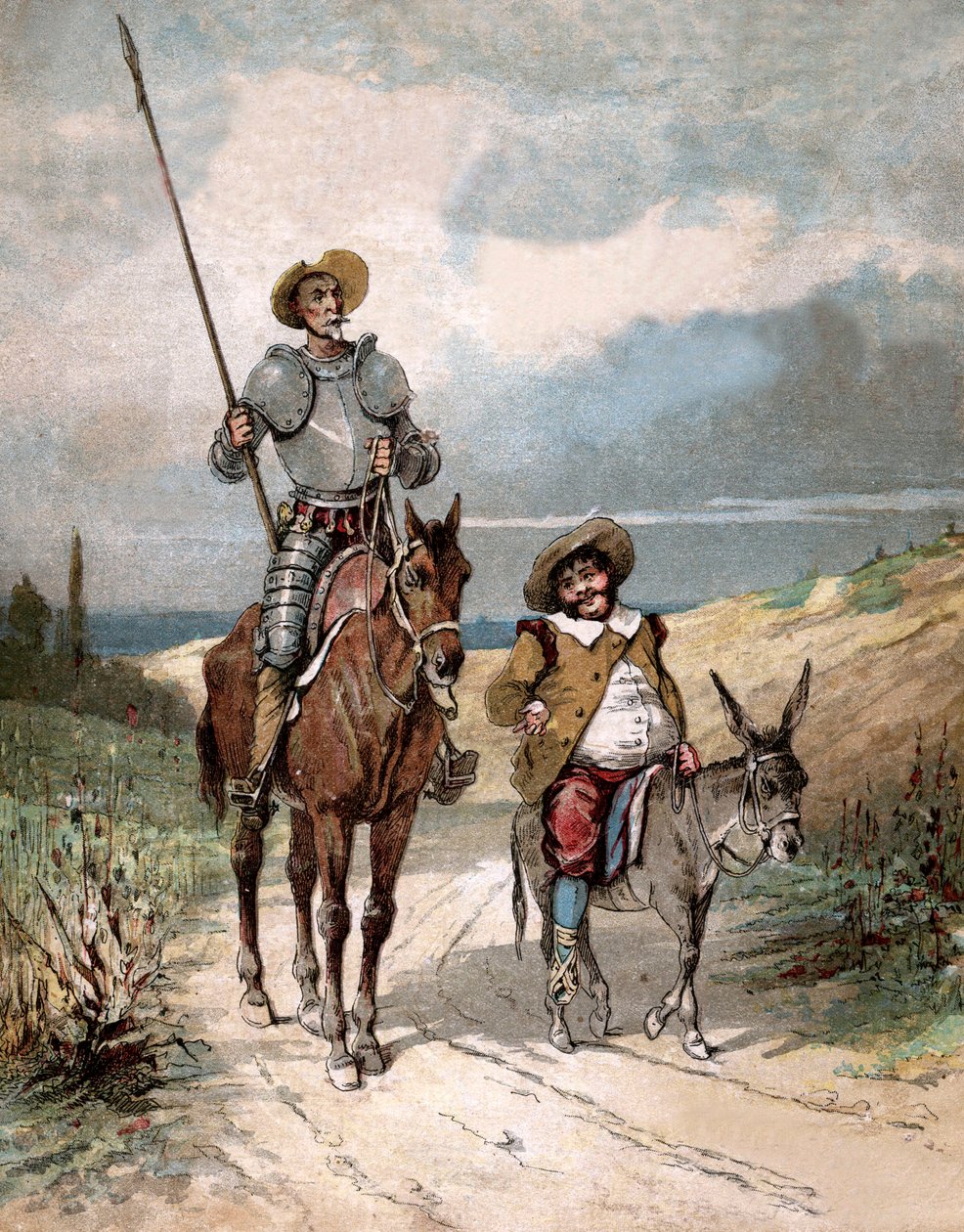 Don Quijote och Sancho Panza, illustration av bok av Miguel de Cervantes "Don Quijotes historia", gravyr efter Jules David av Jules (after) David