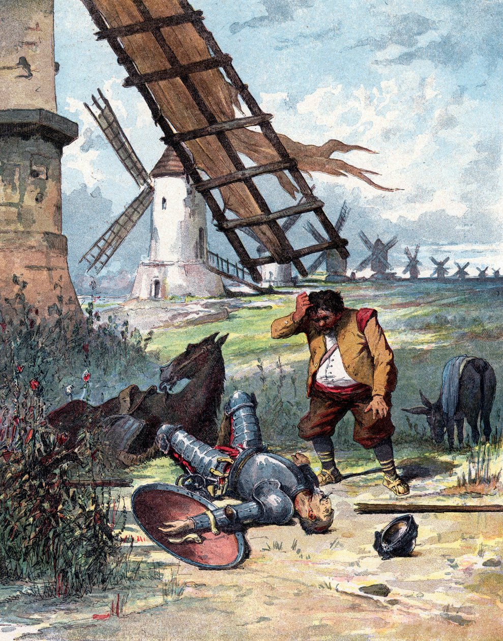Don Quijote har kämpat med väderkvarnar och fallit från sin häst, Sancho Panza tittar på sin mästare, illustration av boken av Miguel de Cervantes "Histoire de Don Quichotte", gravyr efter Jules David av Jules (after) David