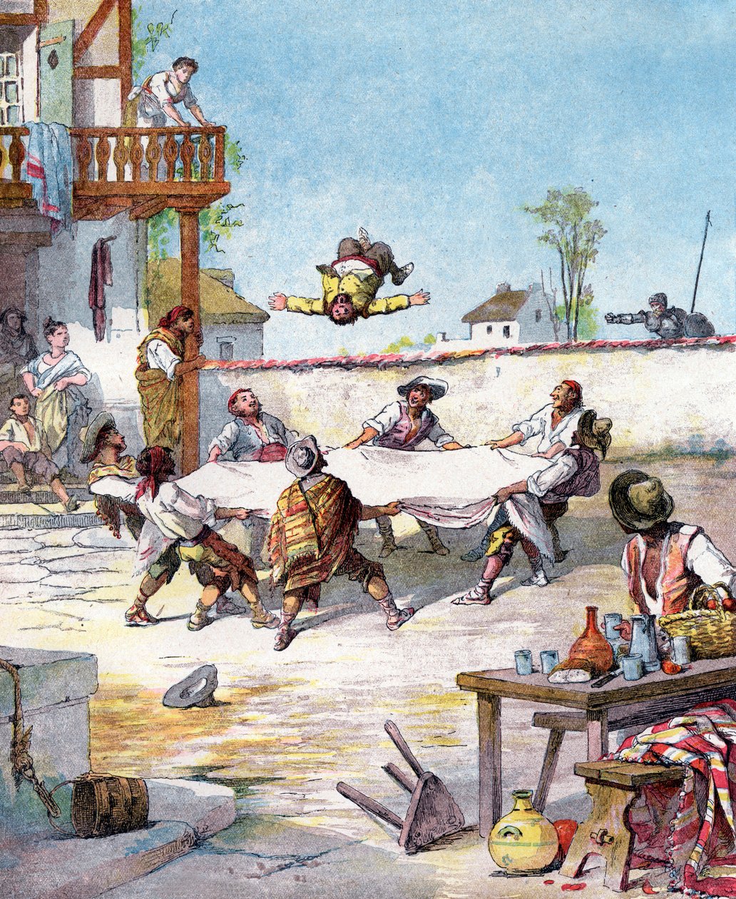 I Inn blir Sancho Panza utsatt för män, han ringer sin mästare Don Quijote för att hjälpa honom, illustration av boken av Miguel de Cervantes "Histoire de Don Quichotte", gravyr efter Jules David av Jules (after) David