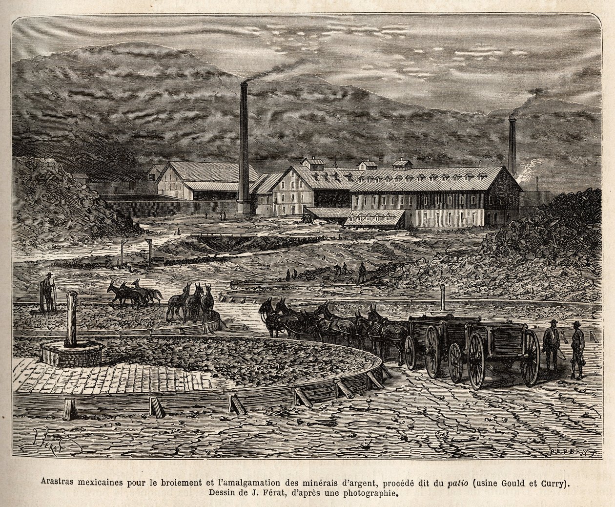 Mexikanska arastras (område trampat av mulornas fötter, som för trampning av bles) för malning och sammanslagning av silvermalmer (Gould och Curry fabriker) i närheten av Virginia City (Nevada), gravyr efter J.Ferats teckning , illustrati av Jules (after) Ferat