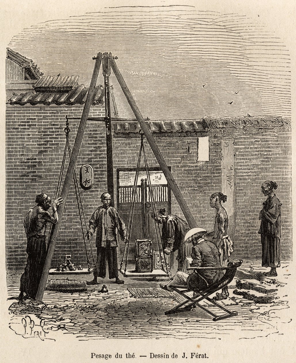Vägningen av teet före dess expedition på kommersiella marknader i en krutfabrik i Fati Bay (Canton Province), graverad efter en teckning av J.Ferat som illustrerar resan till Kina, av J. Thompson, 1870-1872, publicerad i " Le tour du monde” 18 av Jules (after) Ferat