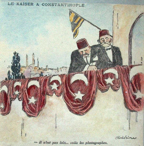 Karikatyr av Kaiser Wilhelm II (1859-1941) i Konstantinopel under första världskriget (färg litho) av Jules Abel Faivre