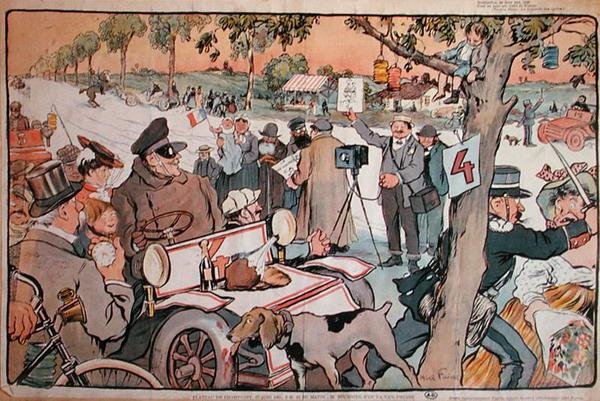 Karikatyr av M. Fournier som ger sig av på Paris-Berlin-rallyt av Jules Abel Faivre