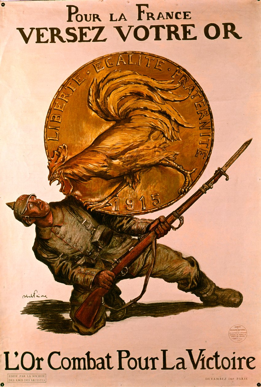 Fransk affisch från första världskriget som uppmuntrade människor att sätta in pengar på banker för krigsinsatsen, 1915 av Jules Abel Faivre