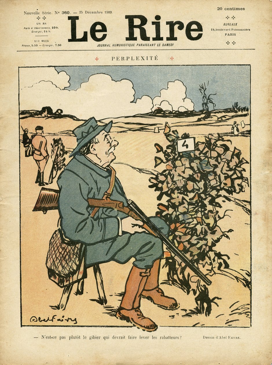 Illustration av Abel Faivre (1867-1945) för omslaget till Le Lire, 25/12/09 - Perplexite - Landsbygd, Fritid, Jaktjägare av Jules Abel Faivre